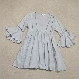 Umgee Soft Blue Mini Dress Ruffle Sleeves Sz M V Neck Boho Babydoll Dress